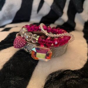 Playful in Pink,..pink and Silver leather and Beaded Bracelet Stack